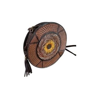 Myra Shangri-La Hand Tooled Leather Sunflower Round Bag Brown Basketweave New